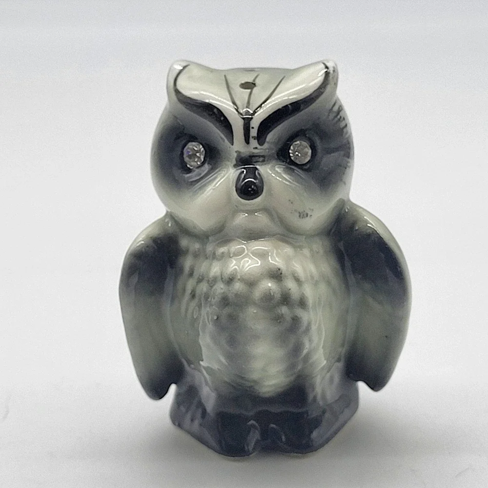 Vintage Enesco Japan MCM Owl Salt Pepper Shakers Gray Black Rhinestone Eyes